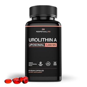 May include: A black supplement bottle with a black cap, labeled "Urolithin A Liposomal 1,000 MG." The bottle also states "60 Vegan Capsules" and "Dietary Supplement." Several red capsules are scattered in front of the bottle. The bottle has the text "Perpetual Life."