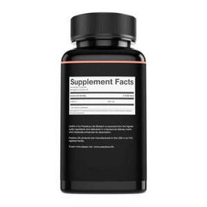 May include: A black supplement bottle with a black cap. The label displays "Supplement Facts" and ingredient information, including "Urolithin A 1000 mg." The bottle is for a dietary supplement.