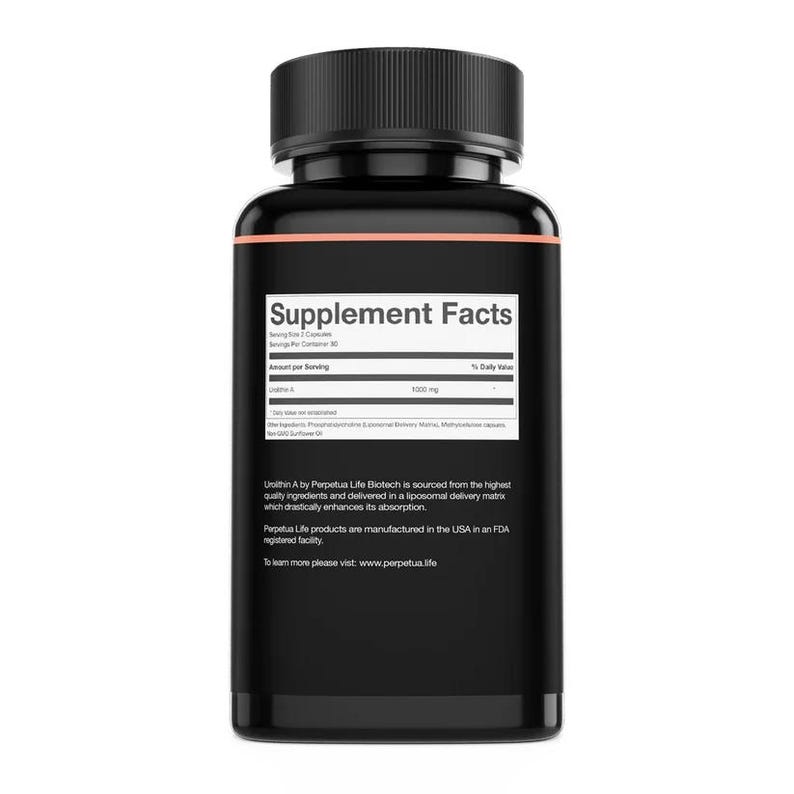May include: A black supplement bottle with a black cap. The label displays "Supplement Facts" and ingredient information, including "Urolithin A 1000 mg." The bottle is for a dietary supplement.
