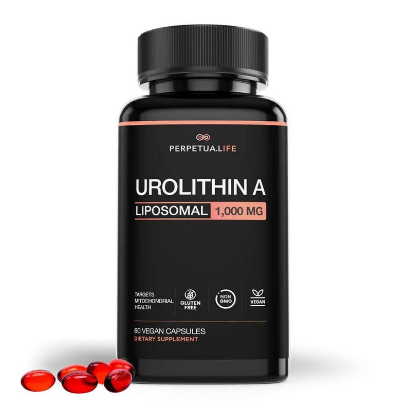 May include: A black supplement bottle with a black cap, labeled "Urolithin A Liposomal 1,000 MG." The bottle also states "60 Vegan Capsules" and "Dietary Supplement." Several red capsules are scattered in front of the bottle. The bottle has the text "Perpetual Life."