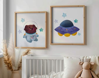 Stampa di un cucciolo astronauta: decorazione murale a tema spaziale per la cameretta (download digitale)