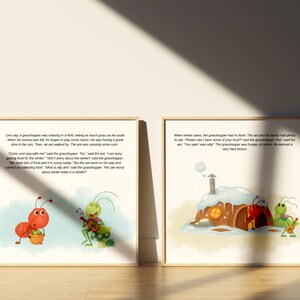 May include: Two framed children's illustrations. The first depicts an ant and a grasshopper with text. The second shows a house covered in snow with an ant and grasshopper. The illustrations are in a light, airy style.