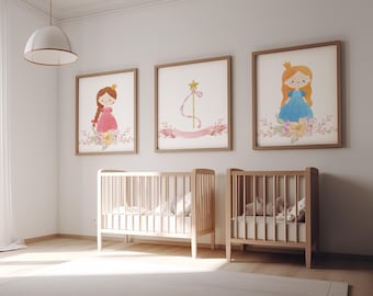 Conjunto de arte para quarto de bebê de princesa: castelo e flores, decoração para quarto de menina (impressão digital)