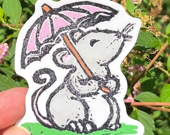 Maus mit Regenschirm 3"Vinyl-Aufkleber, wasserfest