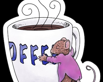 Maus mit Kaffee 3"Vinyl-Aufkleber, wasserfest