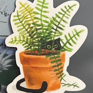 Cat Hiding Behind Fern 3&quot; vinyl sticker, water-resistant