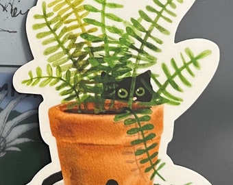 Cat HidingBehind Fern 3"Vinyl-Aufkleber, wasserfest