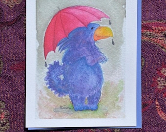 Beastie and Umbrella in the Rain Note Card (blank inside)