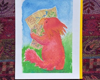 Beastie Going Places with a Map Note Card (blank inside)