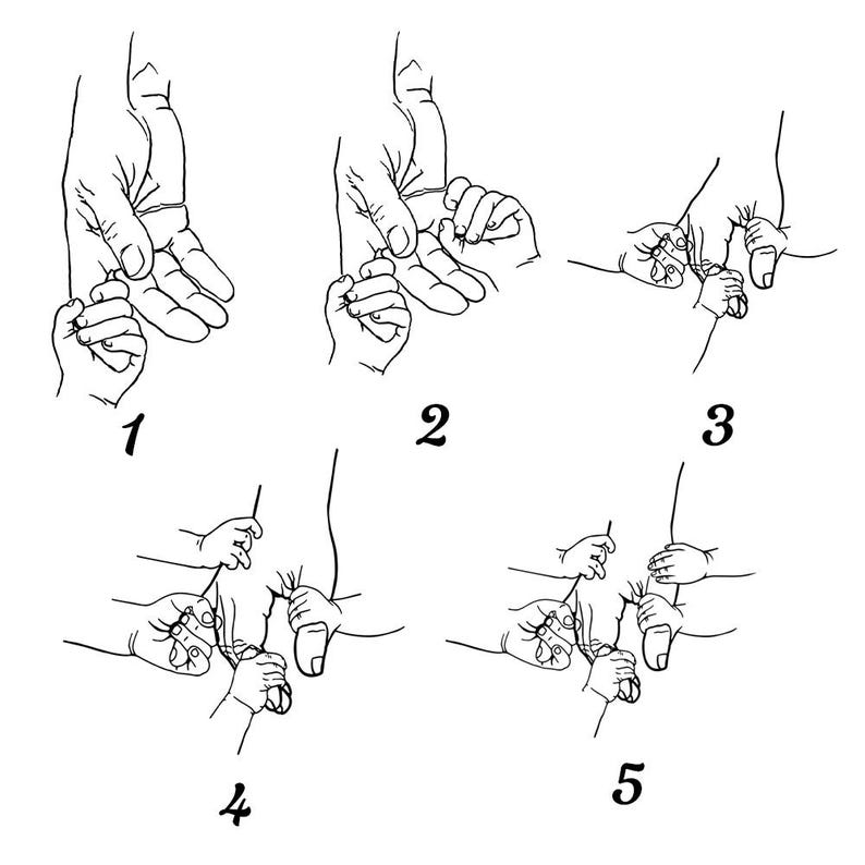 May include: Black and white line art illustration of a series of hands holding a baby's hand. The image shows five different stages of a baby's hand being held by an adult's hand.