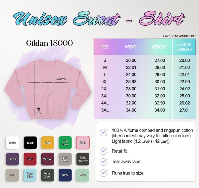 May include: A light pink Gildan 18000 unisex sweatshirt with a size chart showing measurements in inches. The chart includes sizes S to 5XL, with width ranging from 20.00 to 34.00 inches and length from 27.00 to 34.00 inches.