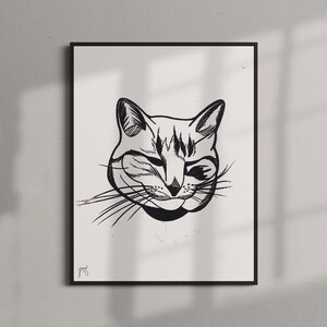 Cat Art Print, Cat Poster, Feline Art, Black and White Cat Drawing ...