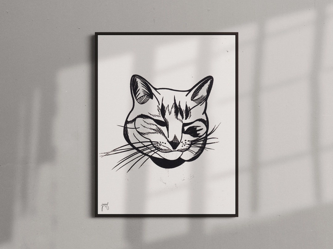 Cat Art Print, Cat Poster, Feline Art, Black and White Cat Drawing ...