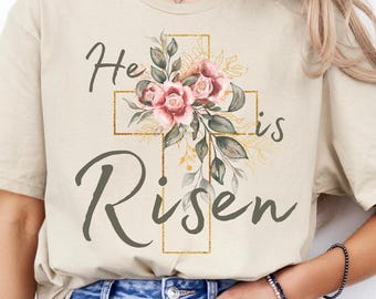 Ele ressuscitou, cruz floral PNG, design cristão de Páscoa (download digital)
