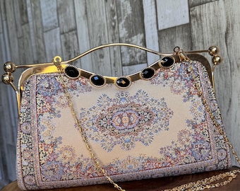 Persian Carpet Clutch: Vintage Tapestry Evening Bag with Chain