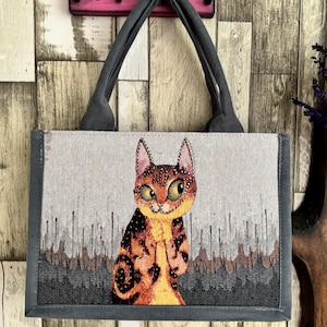 Umhängetasche mit Katze bedruckt, handgefertigte Gobelin Tasche für Frauen, einteilige tägliche Tasche, einzigartiges Katzen-Design für alle Gelegenheiten, Tote Schultasche,