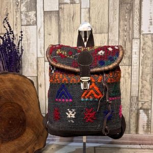 Turkish Kilim Backpack: Handwoven Boho Carpet Bag