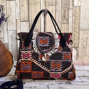 Kilim Tote Bag: Large Ethnic Tribal Shoulder Bag, Bohemian Purse