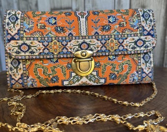 Boho Carpet Fabric Wallet: Handmade Turkish Design, Vegan Leather Interior