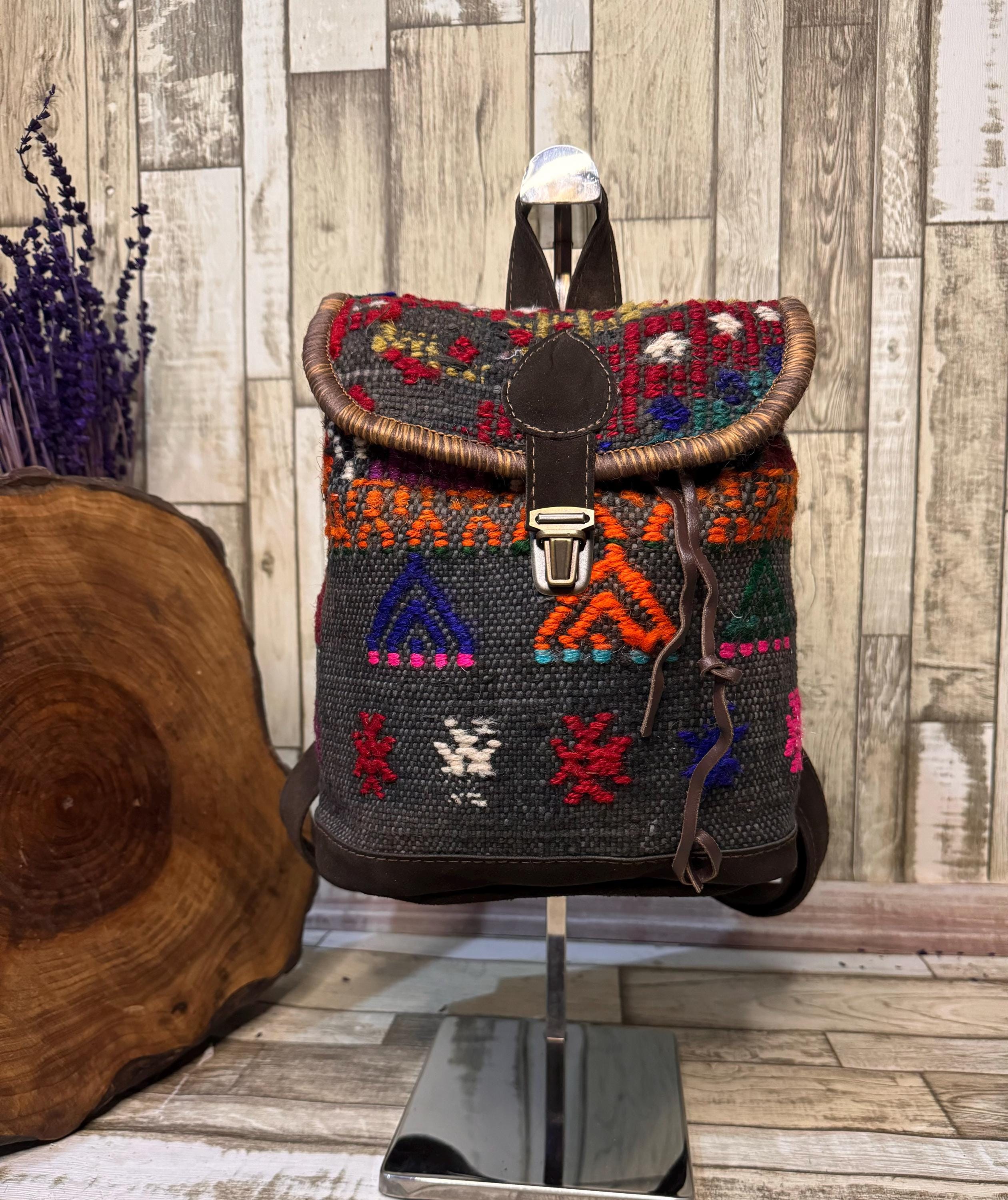 Bohemian Tribal Handmade leather Kilim Backpack Handcrafted Moroccan Leather Boho Kilim Backpack Bag Carpet  main image 2