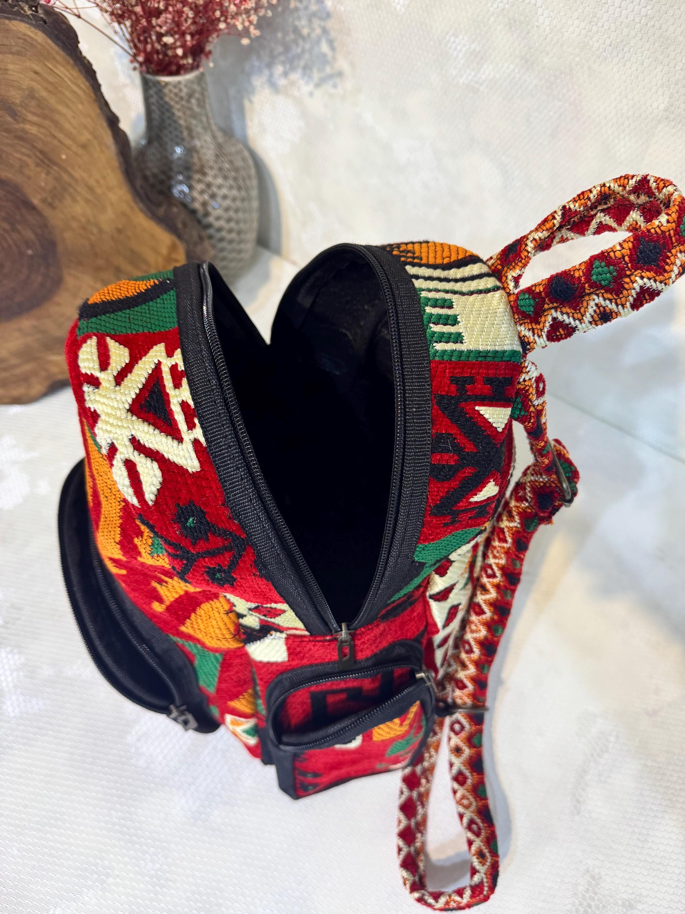 Boho Kilim Drawstring Backpack in Burgundy, Green & Orange Persian Kilim Casual Backpack Handmade with Boho Design  main image 2