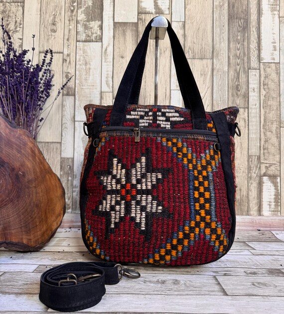 Boho Kilim Woven Tote Bag: Handmade Ethnic Shoulder Bag