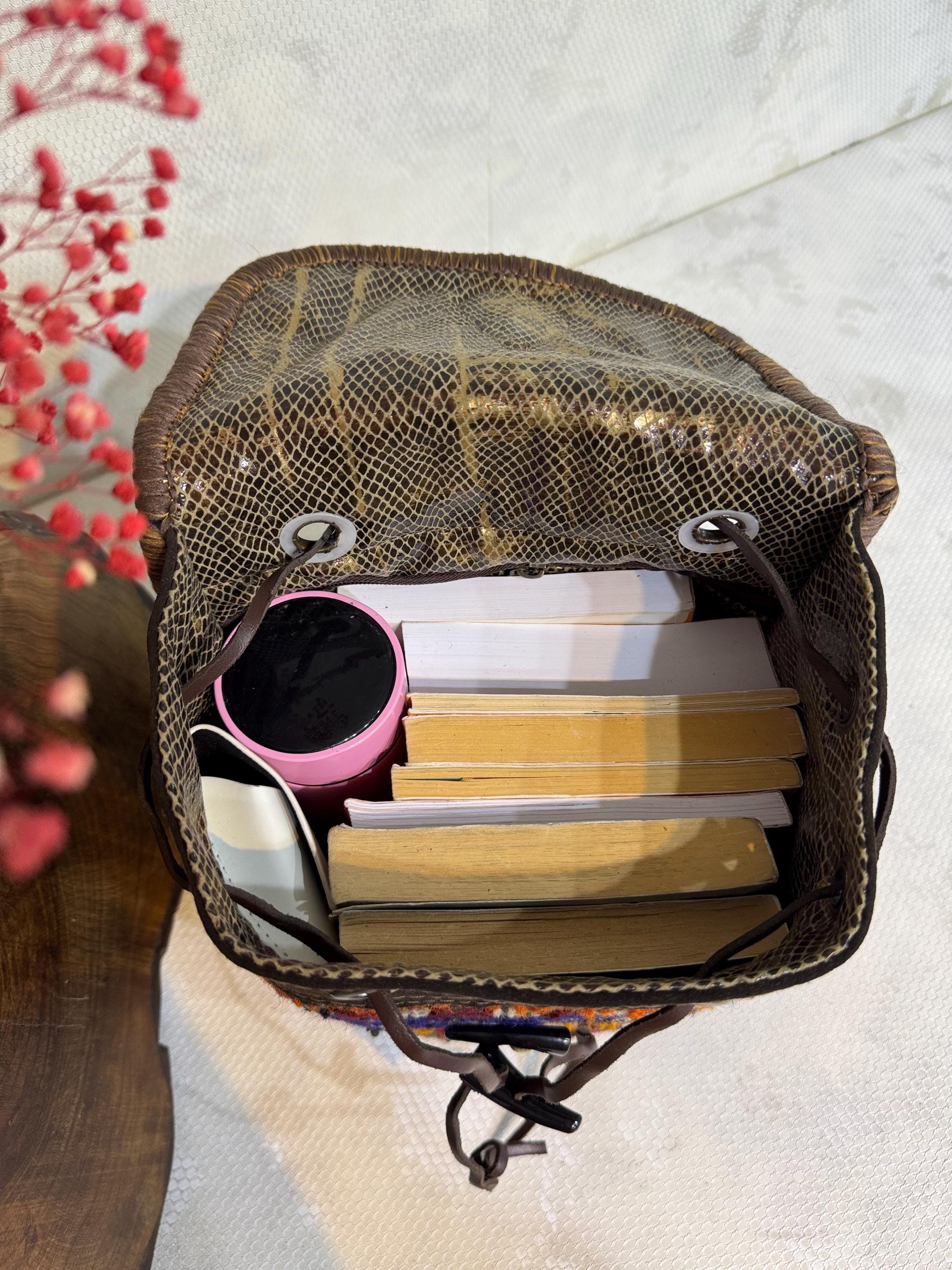 Handmade Woven Backpack Leather Trim Boho Tribal Stripe Ethnic Rucksack Nice! Handmade Tribal Backpack: Ethnic Woven Rucksack With Leather  main image 4