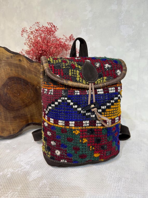 Ethnic Unbranded Handmade Leather & Woven Wool Backpack Boho Cute Bags | Ethnic Unbranded Handmade Leather Woven Wool Backpack  main image 3