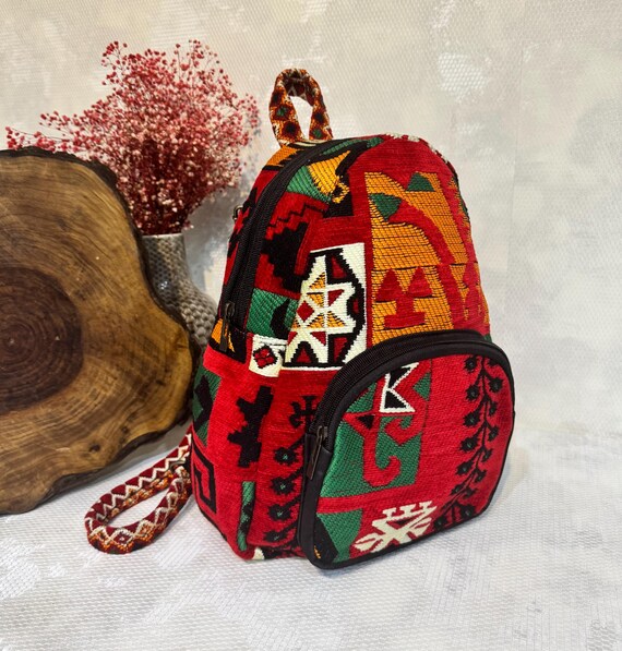 Boho Kilim Drawstring Backpack in Burgundy, Green & Orange Handmade Burgundy Kilim Backpack – Rug Fabric Rucksack With  main image 2