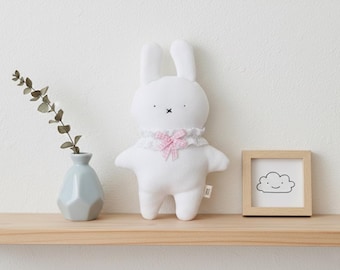 Handmade White Bunny Plushie – Decorative Soft Toy with Removable Collar & Pink Bow, Stuffed Animal Gift, Nursery Room Decor