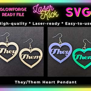 May include: Two pairs of heart-shaped earrings with the words "They" and "Them" cut out. The earrings are made of wood, purple acrylic, and green acrylic.