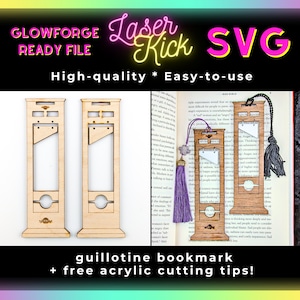 Könnte beinhalten: Laser Kick SVG-Datei für ein Guillotine-Lesezeichen. Das Design ist aus hellfarbigem Holz gelasert, mit einer detaillierten Guillotine-Form. Der Text "GLOWFORGE READY FILE" und "High-quality * Easy-to-use" ist enthalten.