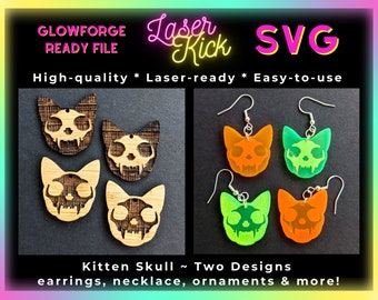 Kitten Skull SVG Glowforge File Halloween Goth Cute Earrings Lasercut Jewelry Design