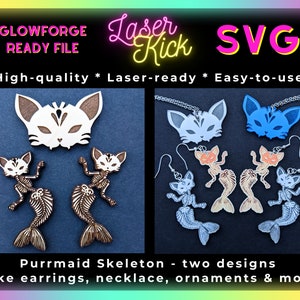 May include: Two designs of a cat skeleton mermaid, one in white and one in blue. The designs can be used to make earrings, necklaces, ornaments, and more. The image includes the text "Glowforge Ready File", "Laser Kick SVG", "High-quality", "Laser-ready", "Easy-to-use", "Purrmaid Skeleton", "two designs", "make earrings, necklace, ornaments & more!"