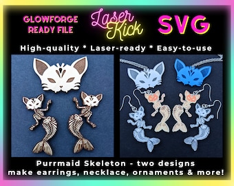 Purrmaid Skeleton SVG Mermaid SVG, Halloween Earrings, Laser Cut Files