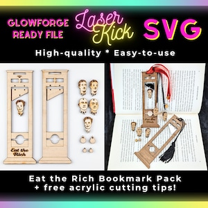 May include: A wooden bookmark set featuring a guillotine design with the text "Eat the Rich". The set includes two bookmarks and several small wooden heads. The bookmarks are displayed on a book with a black tassel hanging from one of the bookmarks.