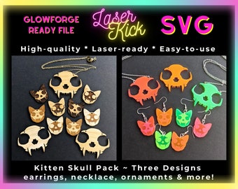 Kitten Skull Pack SVG Download, Glowforge File Halloween Lasercut Earring Design