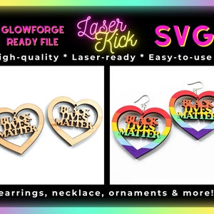 May include: Two pairs of wooden heart-shaped earrings with the text "Black Lives Matter" inside. One pair is natural wood and the other is painted with rainbow colors.