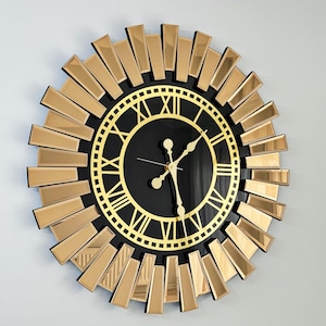 Bronze and Black Premium Lux Wall Clock, Glass Mirrored Wall Clock, Roman Numerals Clock, Silent Large Wall Clock and Wall Decor, Gift Decor