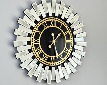Roman Numerals Oversized Glass Mirror Framed Wall Clock, Perfect Gift For Home and Office, Decorative Wall Clock for Livingroom and Kitchen