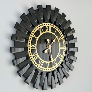 Black and Gold Wall Clock, Roman Wall Clock and Home Decor, Black Glass Mirror Framed Decorative and Modern Wall Clock, Perfect Office Gift