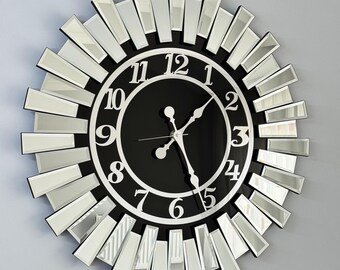 Silver Glass Mirror Framed Decorative Wall Clock and Luxury Wall Decor, Mirror Wall Decor Art, New Home Gift, Living Room and Kitchen Clock
