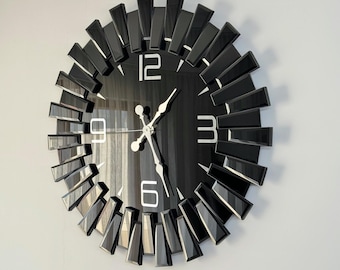 Mirrored Wall Clock, Black Silver Wall Clock, Lux Modern Wall Clock, Oversized Decorative Wall Clock, Gift Wall Clock, Black Design Clock