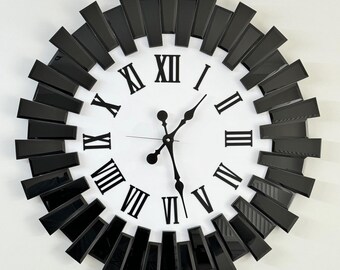 Black and White Wall Clock, Mirrored Wall Clock and Wall Decor, Black Decor Clock, Black White Wall Art, Lux and Modern Wall Clock, Silent
