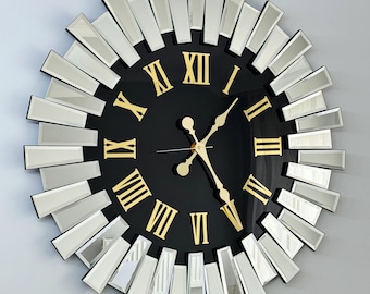 Silver Mirrored Round Wall Clock, Farmhouse Office Living Room