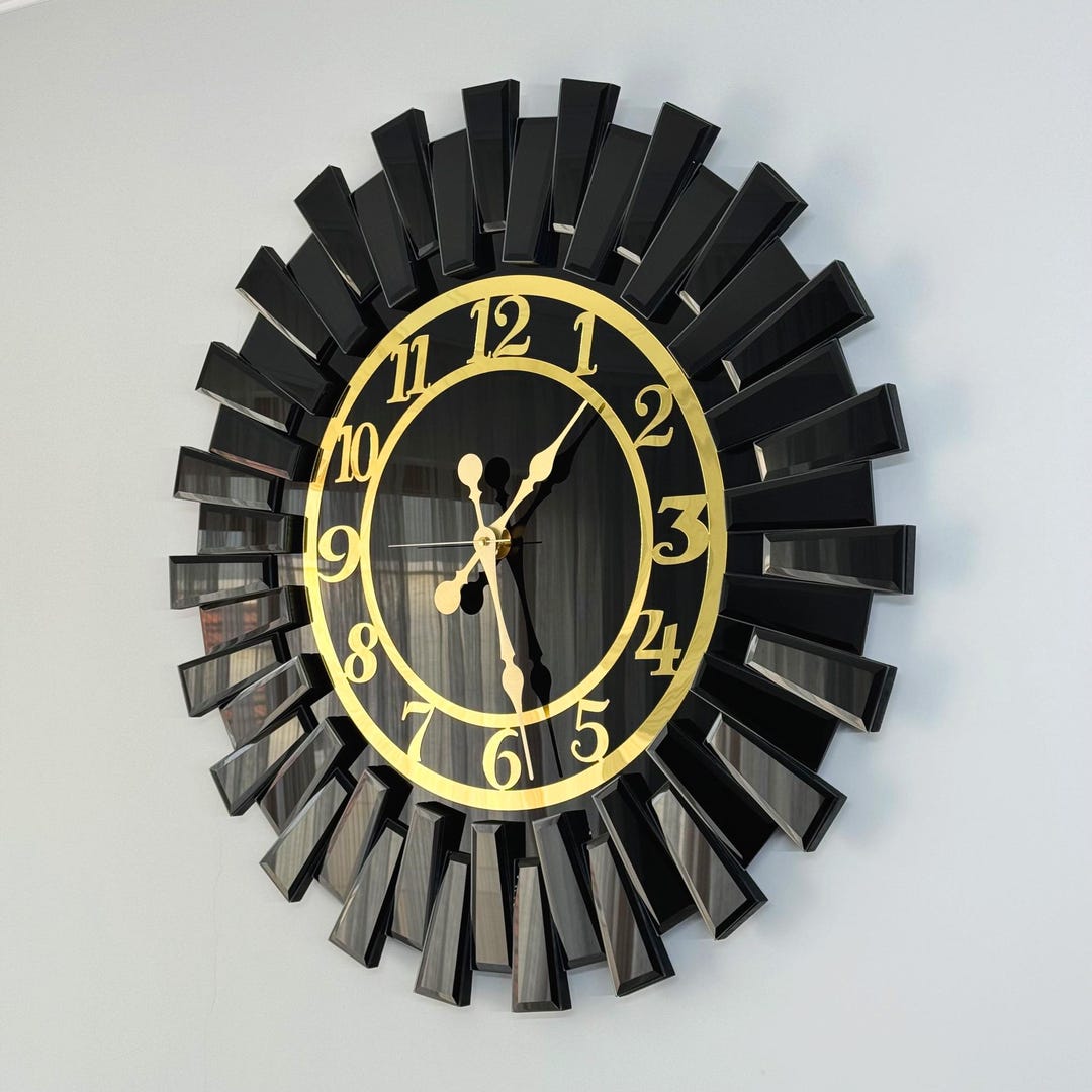 Black and Gold Coloured Mirrored Wall Clock and Wall Decor, Lux Wall ...