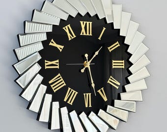Glass Mirrored Wall Clock, Modern Gold Roman Numerals, Silver Frame