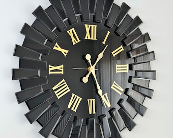 Black Gold Mirrored Roman Numeral Wall Clock, Sun Design Modern Wall Clock and Lux Decor for Home and Office, Gift Wall Clock and Wall Decor