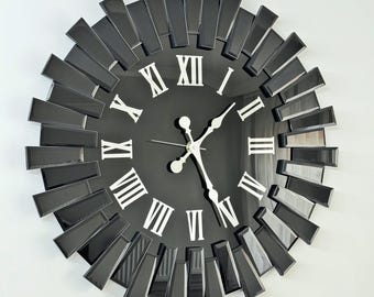Black Silver Roman Wall Clock, Mirrored Wall Clock, Oversize Decorative Wall Clock, Mirrored Decor for Wall, Black Silver Large Wall Decor