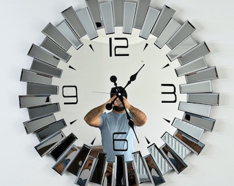 Mirror Wall Clock, Gray Glass Mirror Framed Modern Wall Clock and Wall Decor, Lux Wall Clock for Shop,Extra Large Wall Clock for Living room